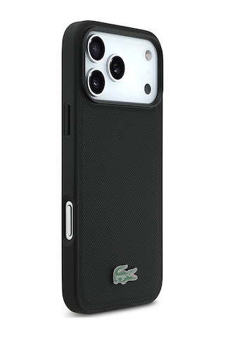 Apple Uyumlu iPhone 17 Pro Max Kılıf Lacoste Lisanslı M-safeli Pu Pike Desenli Metal Logo Kartlıklı Kapak Siyah Siyah