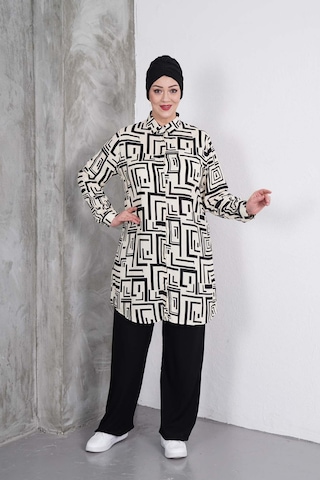 Polologin Butik Siyah Labirent Çizgili Tunik Ve Siyah Pantolon Takım Krem Siyah