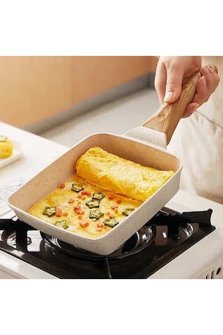 Maxaccess Beyaz Renk Ahşap Saplı Yapışmaz Japon Omlet Tavası Açık Hava Pişirme İçin