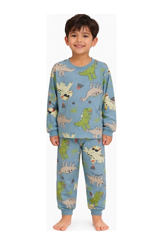 Mini Stella Kids Mavi Dinozor Desenli Erkek Çocuk Pijama Takımı Renkli
