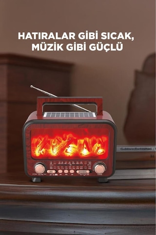 Şömine Görünümlü Solar Güneş Enerji Ahşap Nostalji Bluetooth Usb Sd Mp3 Radyo Müzik Kutusu