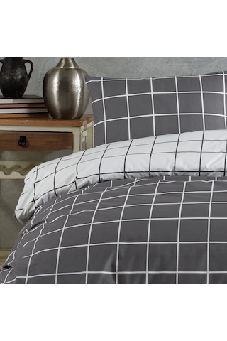 %100 Pamuklu Çift Kişilik Nevresim Takımı 200x220 4 Yastık Kılıflı Lastikli Çarşaflı 180x200+25 Antrasit Beyaz