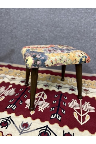 Trend Ceviz Çiçekli Ahşap Ayak Uzatma Pufu Makyaj Koltuğu Bench Tabure