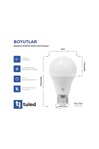 Redeem A60s E27 Led Ampul, Titreşimsiz, Göz Konforu, 596 Lümen, Beyazı, 5000 Kelvin