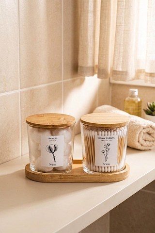 Bamio - Bambu Standlı Bambu Kapaklı Etiketli Banyo Düzenleyici Cam Banyo Seti Banyo Organizeri 2 'li Açık Ahşap