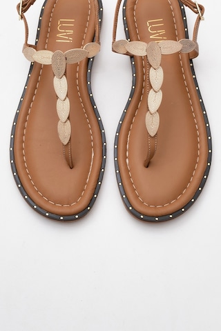 Luvishoes Luvi Shoes Marea Taba Hakiki Deri Parmak Arası Gold Tokalı Kadın Sandalet Taba
