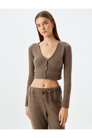 Koton Uzun Kollu Düğmeli V Yaka Crop Örme Pijama Üstü Vizon 5wlk40187mk