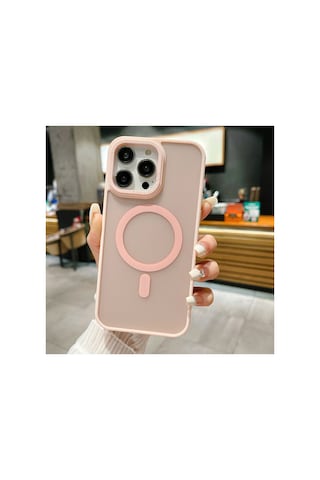 Apple iPhone Uyumlu 15 Pro Max Kılıf Kamera Çıkıntılı Arkası Buzlu Mat Magsafe Titanyum Kenarlı Kap Pembe