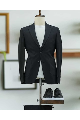 Beystil Sivri Yaka Siyah Spor Casual Jogger Takım Gofre- Slim Fit Siyah