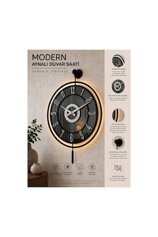 Pey Aksesuar Metal Camlı Duvar Saati Işıklı Gerçek Cam Duvar Saati Modern Tasarım Siyah-füme-siyah-gümüş