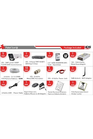 5 Kameralı Gece Görüşlü 5mp Lensli Fullhd Gece Görüşlü 9 Led Kamerası Seti - 320gb