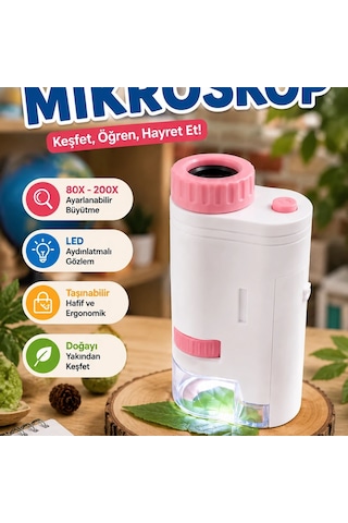 Led Işıklı Taşınabilir Mikroskop 80x-200x Ayarlanabilir Büyütmeli