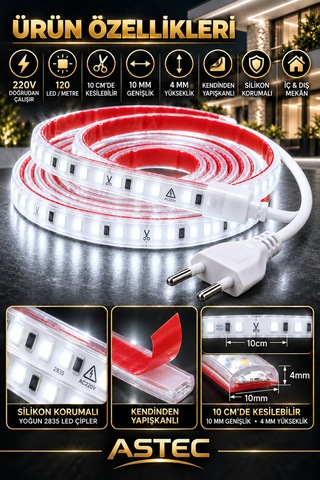 Astec Yapışkanlı 5 Metre Beyaz 220v Silikonlu Şerit Led Yüksek Güç Tak Çalıştır İç Dış Mekân Su Geçirmez