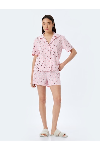 Koton Pamuklu Gömlek Yaka Kalpli Şortlu Pijama Takımı Pembe Desenli 5slk40050mk Pembe Desenli Pembe