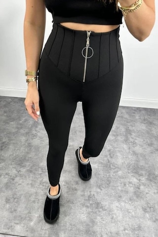 Kadın Yüksek Bel Toparlayıcı Korse Detay Dalgıç Kumaş Tayt Siyah