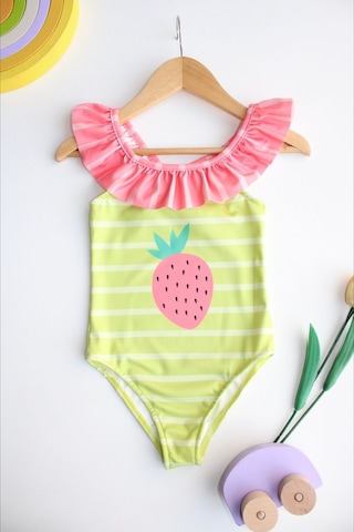 Lolliboomkids Kız Çocuk Çilek Desen Fırfır Yaka Yeşil Çizgili Pembe Detaylı Mayo Yeni Sezon Pembe - Su Yeşili