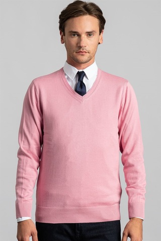 Tudors Slim Fit Dar Kesim V Yaka Pamuklu Erkek Kazak-22228 Pembe