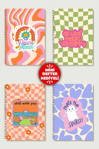 Huzurlu Ve Mutlu Temalı 4'lü Set A5 Metal Spiralli 2 Ad. Çizgili- 2 Ad. Kareli Karton Kapak Huzurlu Ve Mutlu Temalı 4'lü Set Defter Çok Renkli