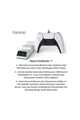 Playstation 5 Gamepad Şarj Cihazı, Led Göstergeli Ps5 Çiftli Şarj İstasyonu Type-c Hızlı Şarj Standı Beyaz