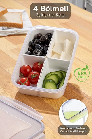 4 Bölmeli Kapaklı Dikdörtgen Saklama Kabı - Taşınabilir Kahvaltılık Diyet Ve Beslenme Kutusu Beyaz