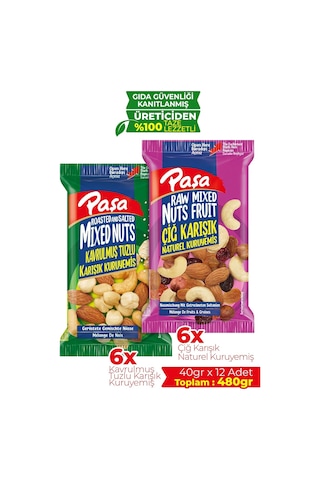 Karışık Kuruyemiş Paketi, Tuzlu Ve Naturel Mix, 12 Adet X 40gr, Toplam 480gr, Fındık, Badem, Kaju, Kuru Üzüm Ve 0.75 LT - 2.5 LT - 12 KG