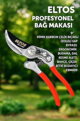 Profesyonel Bağ Makası, 9, 65mn Karbon Çelik Bıçaklı, İzoleli Sap, Bypass, Ergonomik, Budama, Dal Kesme Aleti, Ba