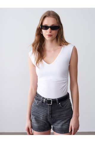 Dilvin 21222 V Yaka Basic Top-beyaz