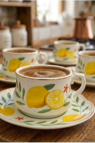 Acar Limon Desenli 6 Kişilik Kahve Fincanı Takımı 90 Ml 09502 Beyaz