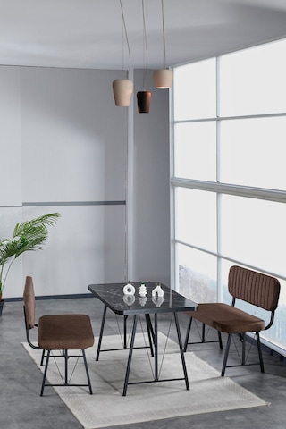 Hayat 70x110 Bendir Mutfak Masası, Mutfak Masası Takımı, Yemek Masası, 2 Benchli - Kahverengi Kahverengi