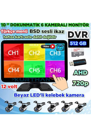 10 İnç 6 Ch 512 Gb Dokunmatik Usb Bsd Dvr Ekran Ahd 720p Rca Beyaz Ledli Kelebek Kamera 12 Volt