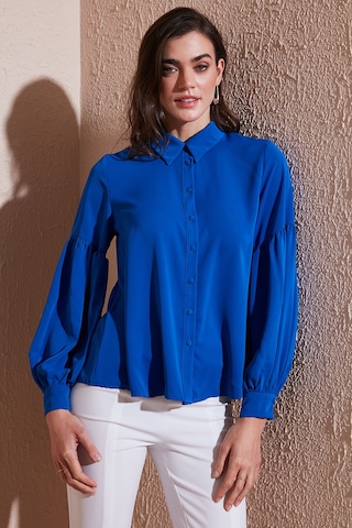 Lela Regular Fit Dikiş Detaylı Düz Yaka Balon Kol Bayan Gömlek 611Go00003 Saks