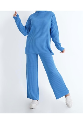 Guzelco Fitilli Triko İkili Takım - Kolu Düğmeli Tunik Ve Bol Paça Pantolon Set Mavi