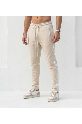 Plus Scorpion Erkek Slim Fit Eşofman Altı Yazılı Şerit Detaylı, Dar Paça Jogger Pantolon Bej