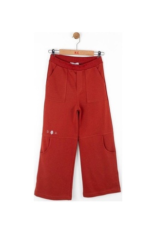 Kız Çocuk Pamuklu Bel Lastikli Cep Detaylı Bol Paça Eşofman Altı-14727 Kiremit