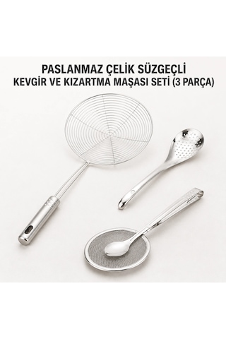 Paslanmaz Çelik Süzgeçli Kevgir Ve Kızartma Maşası Seti - 3 Parça Çok Renkli