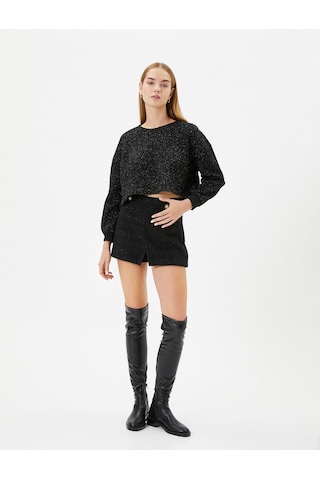 Koton Crop Oversize Tüvit Sweatshirt Uzun Kollu Bisiklet Yaka Siyah 4wal10673ık Siyah