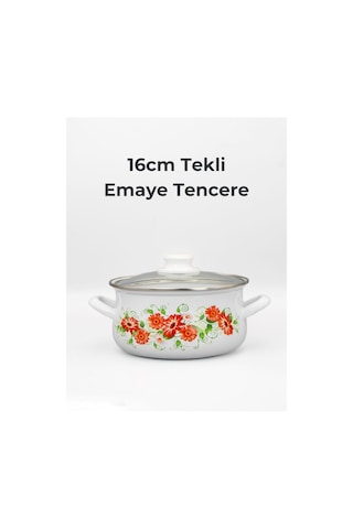 16cm Çiçek Desenli Tekli Cam Kapaklı Emaye Güveç Tencere Beyaz