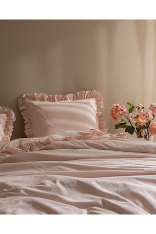 Madame Coco Obernai Çift Kişilik %100 Pamuk Fırfırlı Düz Yıkamalı Nevresim Takımı - Pudra 8684427302262 Pudra