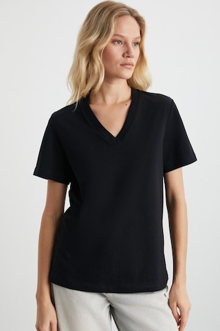 GRIMELANGE Alıne Kadın %100 Organik Pamuk Derin V Yakalı Comfort Fit Siyah T-shirt Siyah