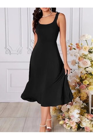 Soonaksesuar Kadın Askılı Geometrik Yakalı Geniş Kesim Detaylı Ithal Krep Elbise Siyah