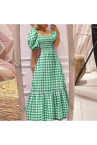 Vonda Yaz Kadın Ekose Kapalı Omuz Pilili Parti Uzun Elbise Zarif Ekose Tunik Ruffled Hem Gevşek Artı Boyutu Yeşil