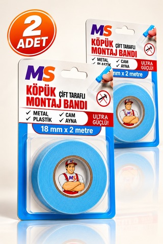 2 Adet Ultra Güçlü 18 Mm X 2 Metre Çift Taraflı Köpük Montaj Bandı Metal Plastik Cam Bantı Bantları