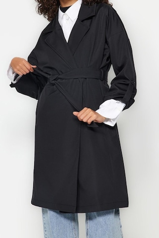 Ersefa Tasarım Düz Astarlı Yaka Midi Oversize Ceket Kadın Oversize Kuşak Siyah