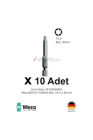 Alveta Wera 867/4 Z Torx Tx4 X 50mm Tornavida Ucu 10 Adet Torx Vidalama Bits Seti Profesyonel Seri