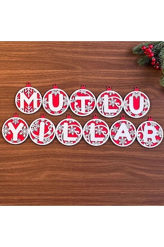 11 Harfli Kırmızı Beyaz İpli Mutlu Yıllar Yazılı Ahşap Yılbaşı Ağaç Süsü 5365