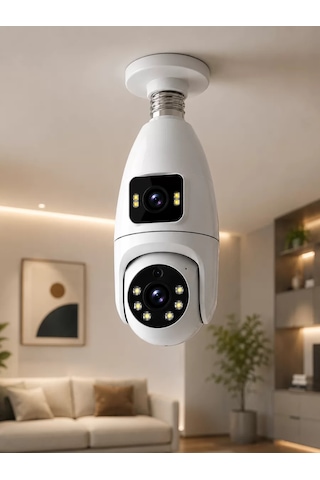 Gece Görüşlü Çift Lens Wi-fi Ampul Kamera Mobil Takip Destekli Beyaz