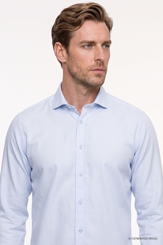AC&Co / Altınyıldız Classics Erkek Mavi Kolay Ütülenebilir Slim Fit Dar Kesim İtalyan Yaka Armürlü Gömlek Mavi
