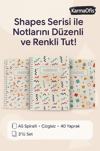 A5 Spiralli Shapes Defter 40 Yaprak 3'lü Tamamı Çizgisiz