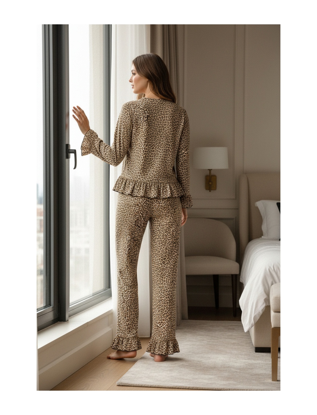 I-moda Kadın Uzun Kollu Leopar Desenli Fiyonklu Ev Giyim Pijama Takımı