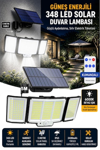 348 Led Solar Duvar Lambası, Güneş Enerjili Dış Mekan Aydınlatma, 5 Metre Kablolu Solar Panel, Hareket Sensörlü, Kumandalı, Ip65 Su Geçirmez Beyaz